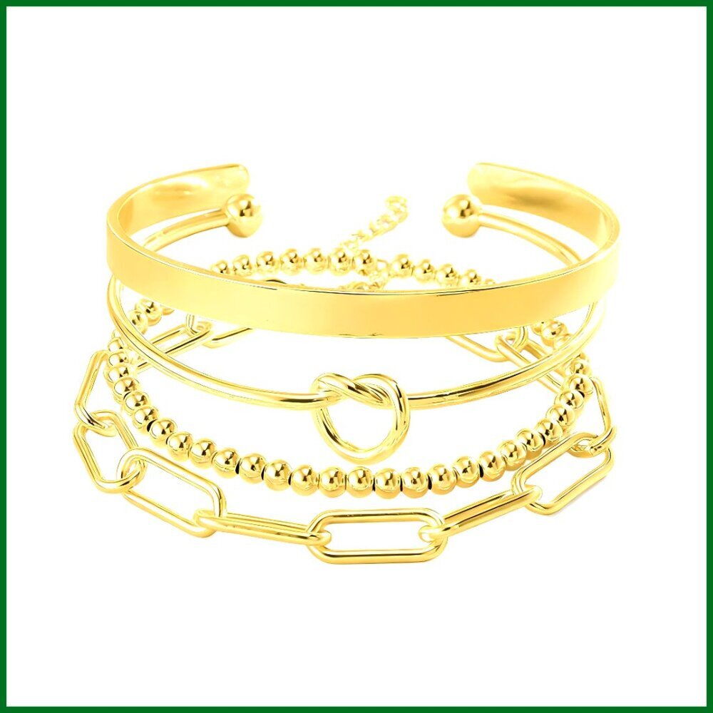 Gold Plated Cuff Bracelets Set Stackable Layered Trendy Minimal Chic Jewelry